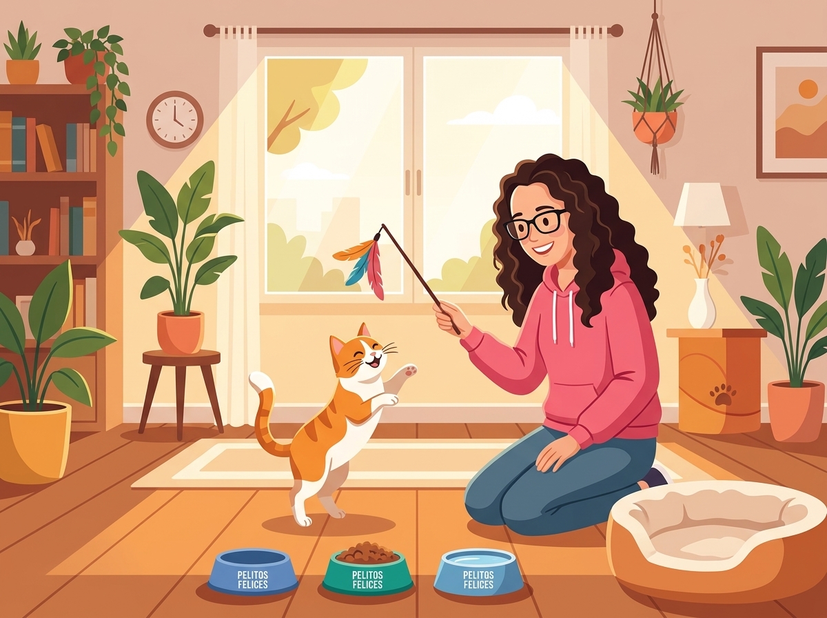 Laura jugando con el gato y cuidando cuencos con marca Pelitos Felices